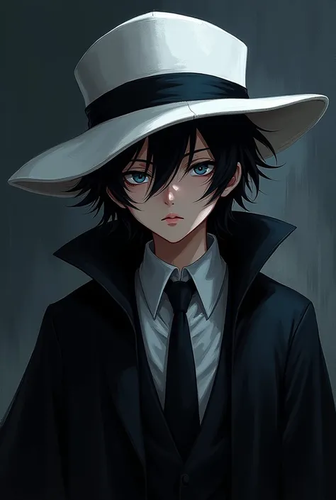 masterpiece,  Top Quality, Bitterness, magician, High school student, Black hair,  blue eyes , white hat, Black Cloak, black suit