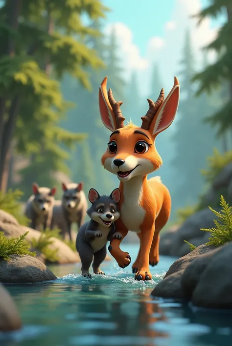 A chamois rushed to protect a bear cub among a pack of gray wolves on the bank of a stream 3D cartoon. Disney pixar style