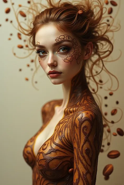 Hint: beautiful girl, sexy, made of coffee, realistic, realism, surreal, highly skilled, anthropomorphic, detailed.