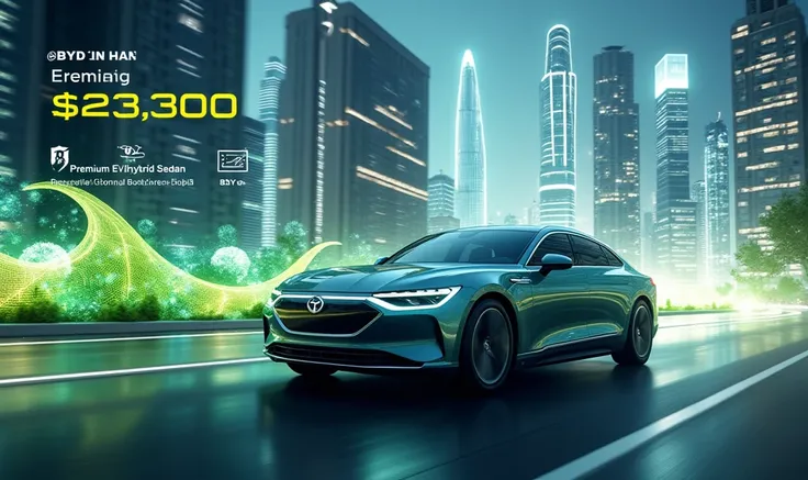 "A powerful visual of the 2025 BYD Han driving through a futuristic cityscape, symbolizing its commitment to innovation, sustainability, and intelligent mobility. Include icons of sustainability, like green leaves or a globe, subtly integrated into the bac...