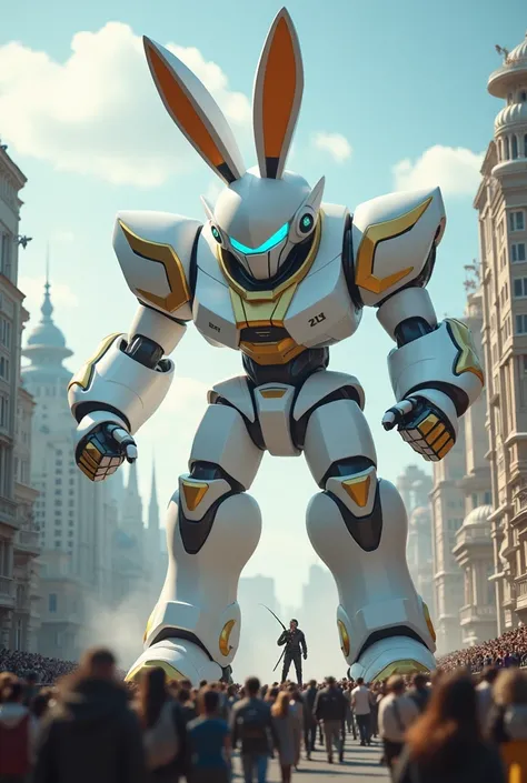 GANDUM ROBOT, A GIANT WHITE RABBIT WITH WHITE GOLD STRIPES, A FLOWING ARMED BODY, A SWAYING BLUE EYES, IS MAKING A FIGHTING GESTURE, A SCENE OF SMALL BUILDINGS IN THE CITY, MANY PEOPLE ARE STANDING WATCHING.