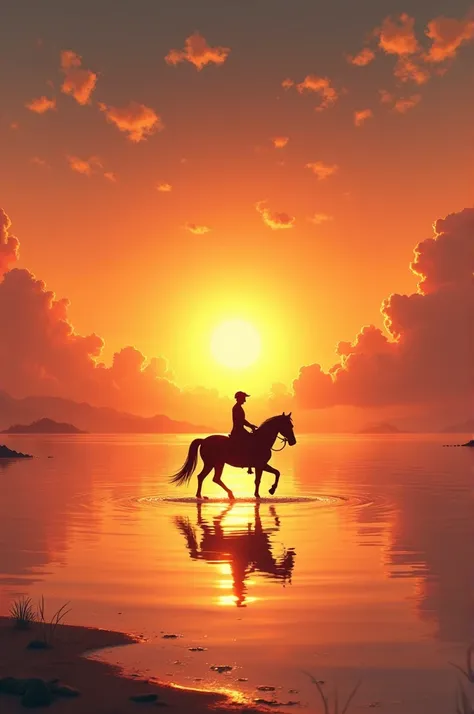 Create a high-resolution image of a serene beach scene at sunset, featuring the silhouettes of a person riding a horse across a calm body of water. The scene should include their reflections in the water, with the sun low on the horizon casting a warm, gol...