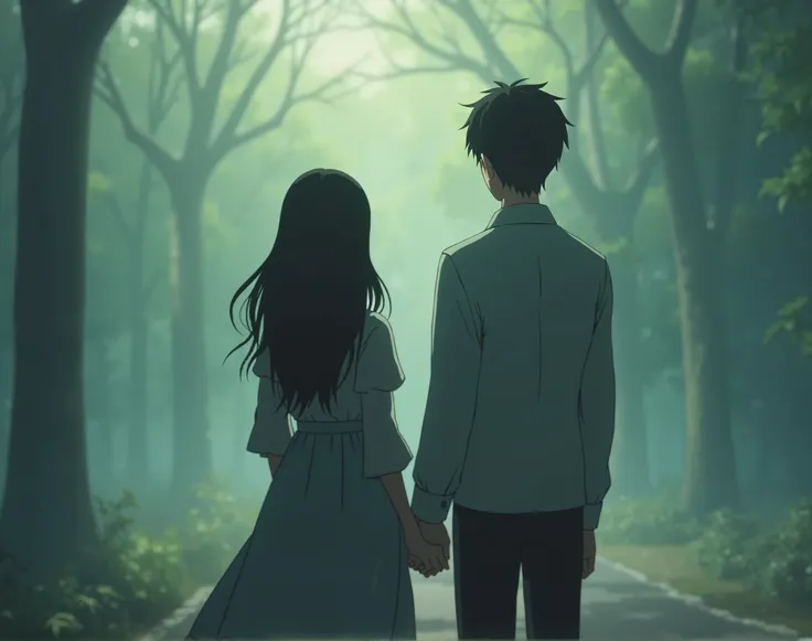 The Ghibli-style image shows a closeup-shot of couple are facing opposite direction, back off, cinematic lighting, best composition in film