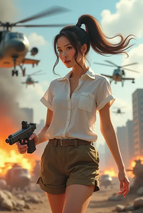 An adorable Taiwanese woman, who looks like an action hero, wearing a white shirt, and brown shorts. Her hair was tied in a high ponytail, seemingly flying in the middle of the battle. He holds a gun in an action-packed pose, surrounded by military helicop...