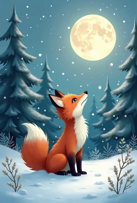 Description: The fox is standing in a snowy forest, surrounded by pine trees and snowflakes. The moon is shining brightly in the background, and the fox is looking up at it with a hopeful expression.
 * Color Palette: White, blue, silver, and a touch of wa...