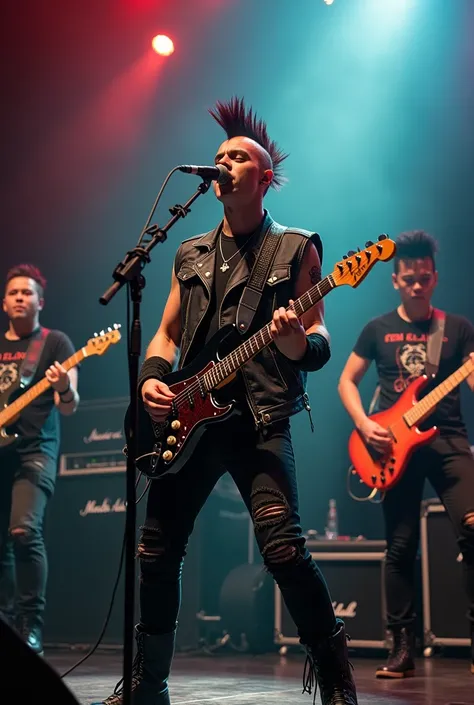  A punk band group performing on stage,  with mohawk hair model , jaket kulit full bordir, ripped pants ,  1 person playing guitar and singing ,  1 person playing bass guitar , 1 person playing drums ,  with background on stage ,  full body shooting 