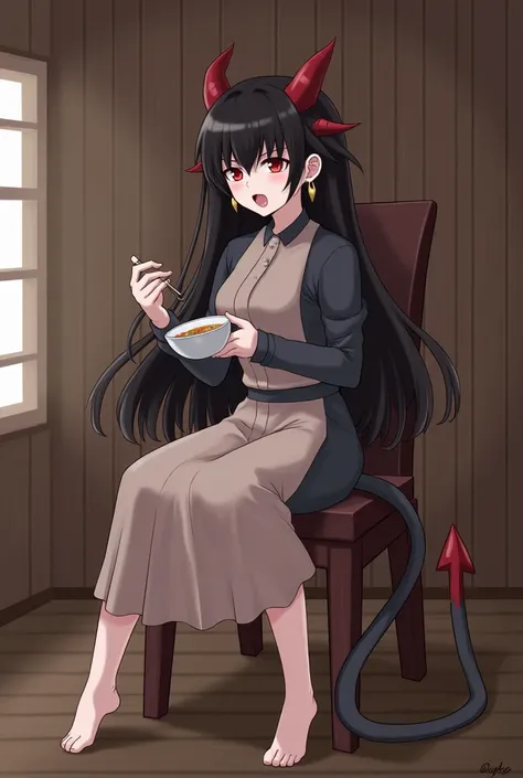 1girl, masterpiece, best quality, Tall body, demon clothing, demon horns, girthy demon tail, Long black hair, Red eyes, fangs, sitting on a chair, Angry at some soup, wooden house background, anime style, anime, Crescent Earrings, curvy body, modest clothi...