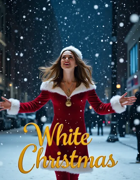  Writing decoration golden Italic letter, "White Christmas", writing bottom screen,  Look up at the sky,upper body ,open hands, 1 female , name is Keira Knightley,  (brown middle hair, brown eye ,smile, X mas gold bell small neck less, ),  Santa Claus cost...