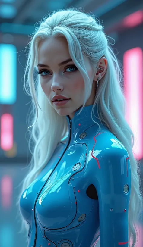 An elegant female avatar who embodies artificial intelligence, with glowing skin and piercing sea green eyes, light makeup. Her long silver hair is gracefully gathered in the back, evoking a sense of technology and sophistication. She is dressed in a futur...