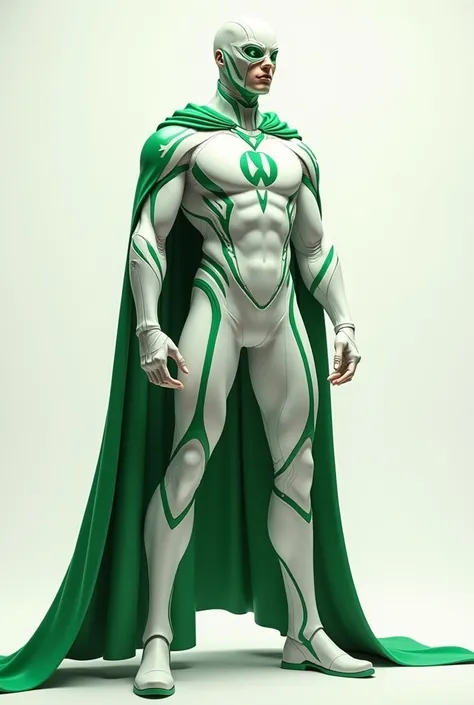 Heres the prompt in English:

"A superhero costume designed in white and green colors, featuring a distinct mark on the face. The back of the costume includes a flowing superhero cape, and the chest has the letter A displayed prominently. The suit should h...