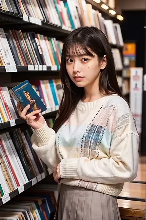 (masterpiece, best quality, perfect anatomy, highres, 8k, realistic, photorealistic, natural skin texture, no makeup:1.2), 1girl, solo, Japanese, age20, female stylish university fashionable student, very cute, standing outside a vintage bookstore, wearing...