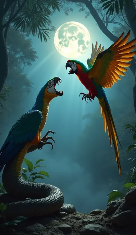 "Create a dramatic and intense scene where a snake and a parrot are facing each other in an aggressive confrontation. The snake is coiled, its fangs bared, and body ready to strike, while the parrot is perched with wings partially spread, its sharp beak op...