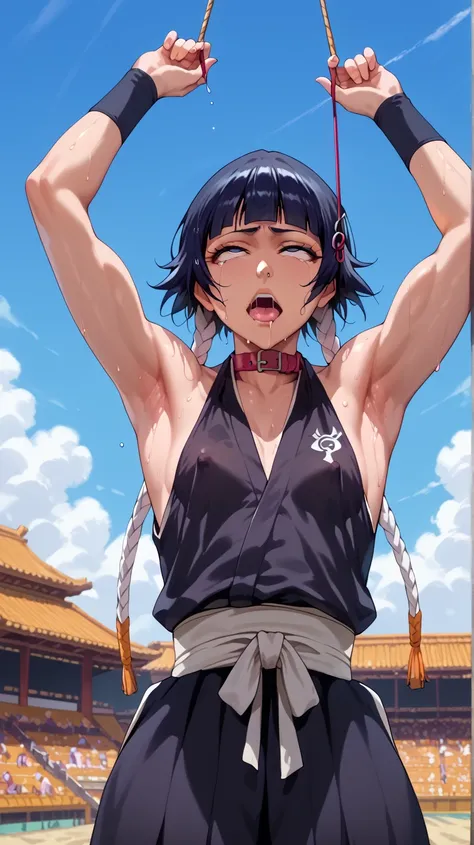 a picture, inspired by Kentaro Miura, trending on pixiv, soifon from bleach, black uniform, favorite scene, fine details, skins, sweating, small breasts, both hands raised, armpits, (small head),armpits visible, dripping with sweat, more more sweat, ((Japa...