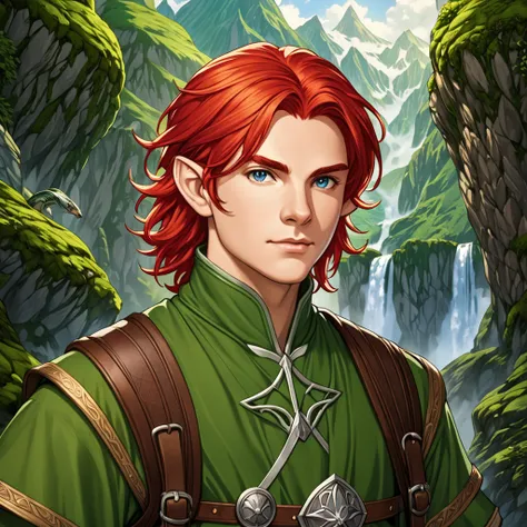 ((Highest resolution, High resolution, Movie Photos, Adventurer&#39;s Portrait, Professional portrait, RPG character poster, Dungeons&amp;Like a hero of dragons)), There is a man with red hair and a green shirt., Portrait of a half-elf male, Portrait of a ...