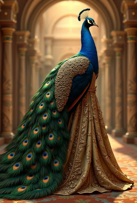 "A proud peacock adorned in a Victorian-inspired gown with elaborate embroidery that complements its natural feathers. The peacock stands in an ornate hall, its gown shimmering in the golden light."
