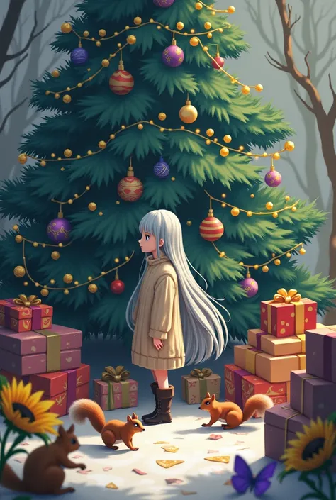 The long-haired, gray-haired girl, 11, Scorpio, wearing a sweater, is in Christmas, has a Christmas tree, has gifts, has 4 squirrels, has sunflowers, has purple butterflies.