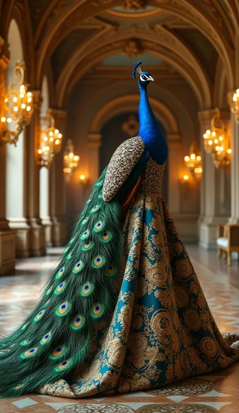 "A proud peacock adorned in a Victorian-inspired gown with elaborate embroidery that complements its natural feathers. The peacock stands in an ornate hall, its gown shimmering in the golden light."