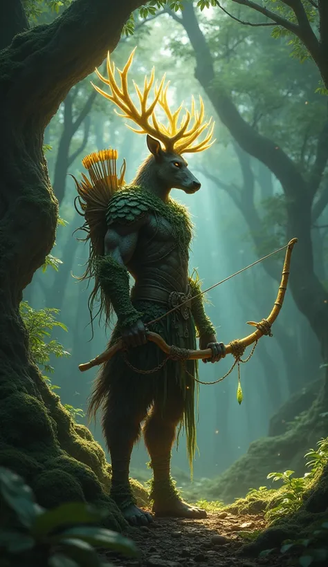 Create an enchanting digital artwork of a hybrid warrior-animal figure standing in an illuminated glade deep within an ancient forest. This being is a fusion of a forest ranger and a stag, embodying both the elegance of nature and the strength of a protect...