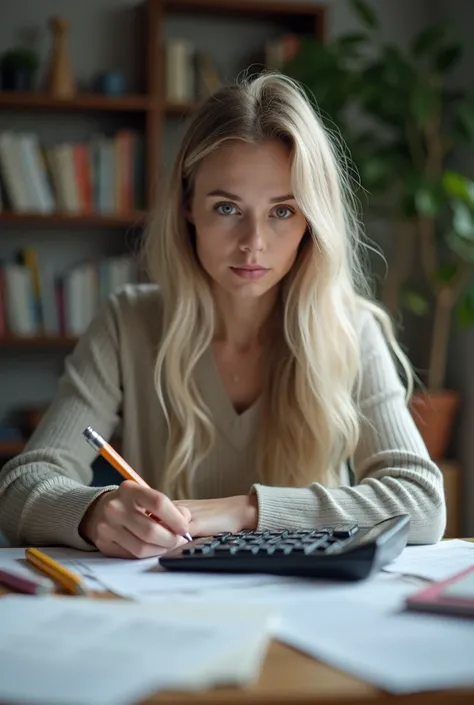  a woman with long ashy natural light colored hair ,  has huge eyes , white skinned,  reading text standing around a table ,  theater because ,  there is also a lot of paper on the table there is a huge calculator , there is a computer ,  family counselor ...