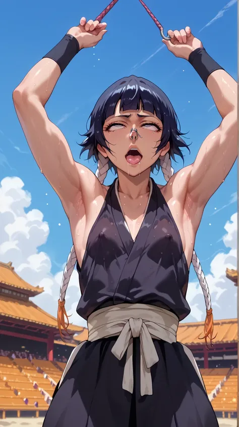 a picture, inspired by Kentaro Miura, trending on pixiv, soifon from bleach, black uniform, favorite scene, fine details, skins, sweating, small breasts, both hands raised, armpits, (small head),armpits visible, dripping with sweat, more more sweat, ((Japa...