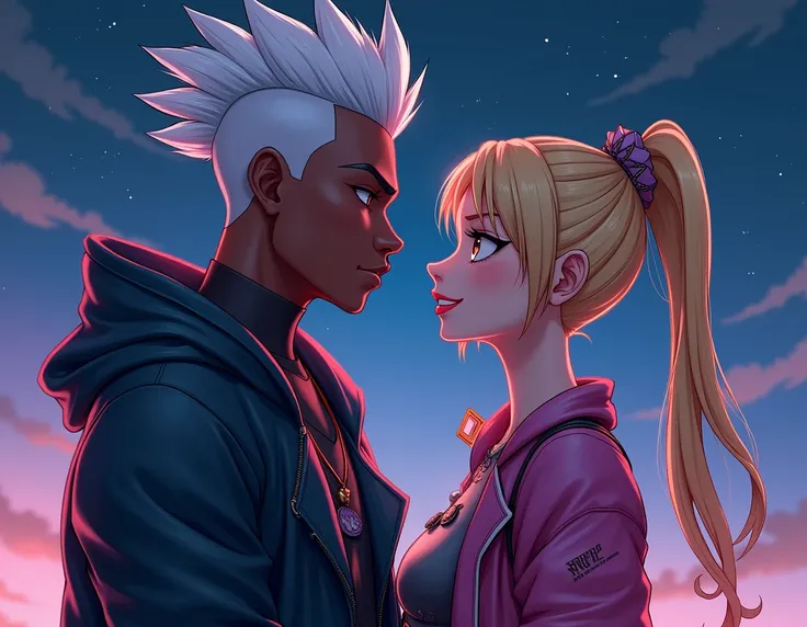 Uma cena romântica entre echo e Jinx,  set in the soft light of a starry night . echo, with his dark skin ,  voluminous white hair on the top and scraped sides ,  wears urban clothes with vibrant details .  He faces Jinx with intensity ,  his gaze reflecti...