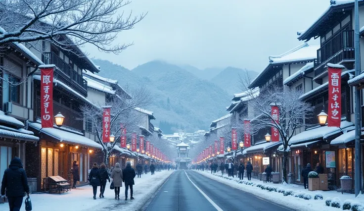 Create a realistic photo of a cityscape in Japan during the winter season, with snow gently falling over the scene. The streets are lined with traditional Japanese buildings, some with snow-covered rooftops. In the foreground, a busy street with pedestrian...