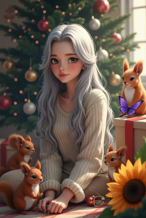 The long-haired girl with gray hair, , Scorpio, wearing a sweater, is in Christmas, has a Christmas tree, has a gift, has 4 squirrels, has a sunflower, has a purple butterfly.