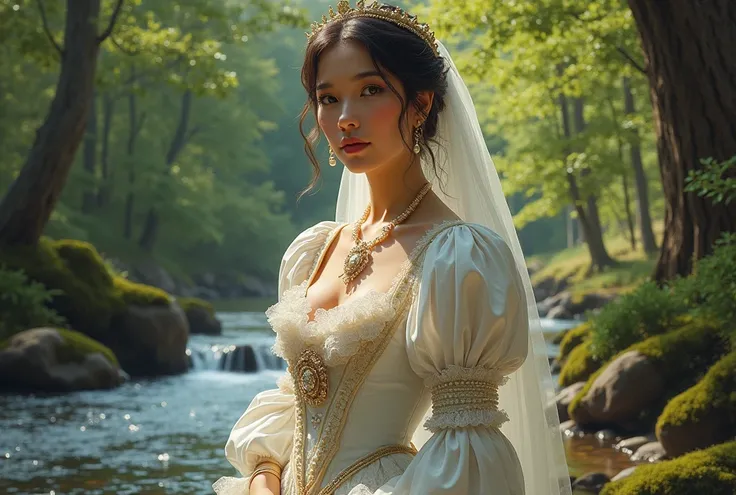 This realistic portrait painting depicts a smiling empress standing against a summer natural landscape. She wears an extravagant white dress adorned with layers of lace, pearls, and intricate ruffles. The 19th century Russian empress’s pearl silk and veil ...