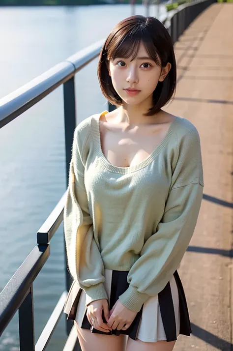 (masterpiece, best quality, perfect anatomy, highres, 8k, realistic, photorealistic, natural skin texture, no makeup:1.2), 1girl, solo, Japanese, age20, female stylish university fashionable student, very cute, leaning on a bridge railing, wearing a short ...