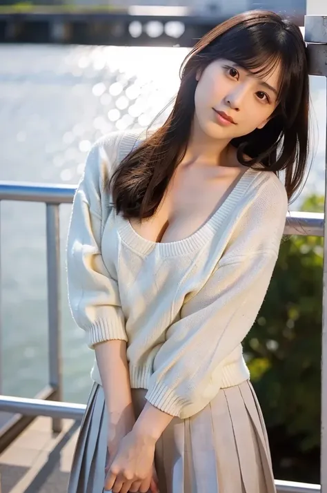 (masterpiece, best quality, perfect anatomy, highres, 8k, realistic, photorealistic, natural skin texture, no makeup:1.2), 1girl, solo, Japanese, age20, female stylish university fashionable student, very cute, leaning on a bridge railing, wearing a short ...