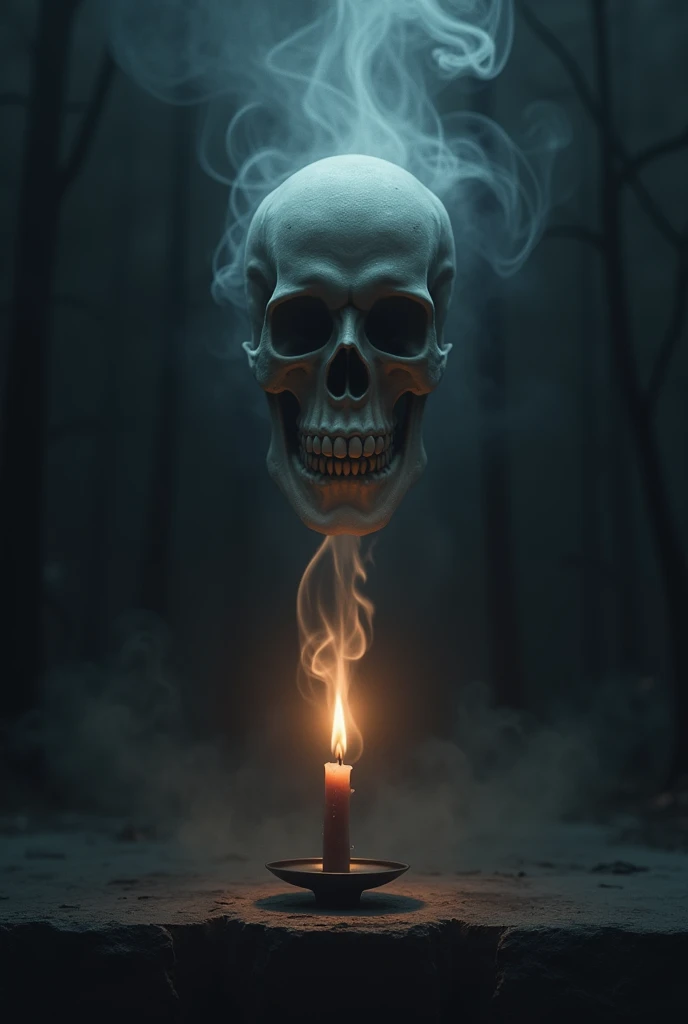  a dark environment , a candle with smoke in the shape of a skull. 