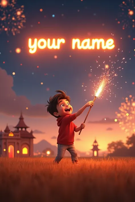 Create High quality 3D festive Diwali scene with ren joyfully lighting fireworks in an open field. Boys anime. Above them, the word "Your name" glows brightly in the night sky, as sparkles light up around it. In the background, a small palace like structur...