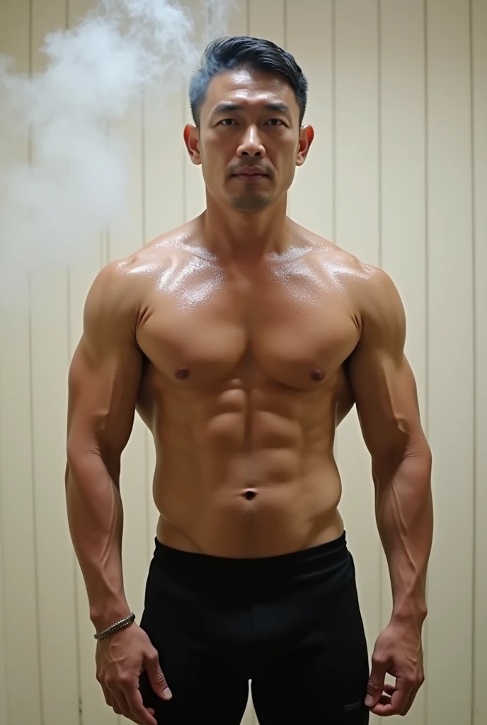 Middle-aged father51 Height188 Heavy79 Tight Tight Unclothed Muscles Short Hair Black Asiatic Laotian Shape White Skinny Black Pant Background Facial Sauna Sweat Shiny Body