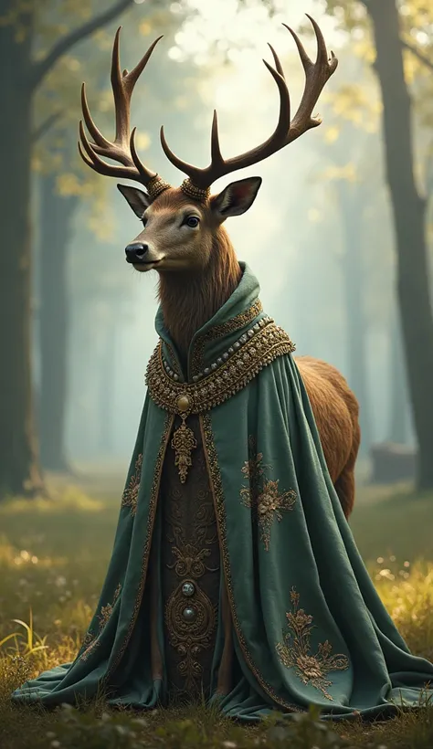 A majestic stag dressed in an English Renaissance-style gown, featuring ornate embroidery and a jewel-studded cloak. The stag stands in a misty forest clearing, exuding an air of nobility."
