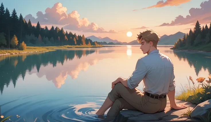 The boy is sitting near the river at sunset and warm tones 