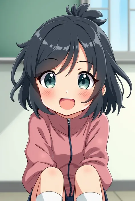 cute, girl, , 6th elementary school student, black hair, Bob- Half up-short ponytail, school track suit, white knee-high socks, medium bust, (((shiny skin))), blush, smile