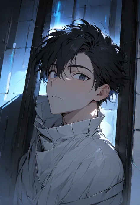 Handsome, (Masterpiece, high resolution, best quality), solo, 1 male, 20-years old man, handsome, short black hair, black eyes with glow blue, (white straight jacket, collarless), upper body, looking at viewer, solitary confinement in a mental hospital