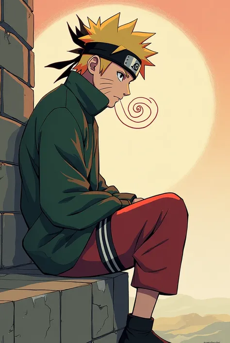 anime character sitting on a ledge with a spiral in his head, an anime drawing inspired by Sōtarō Yasui, tumblr, ukiyo-e, pain from naruto, joker as naruto, joker looks like naruto, akatsuki akira, itatchi uchiha, luffy dressed as naruto, itachi uchiha, it...