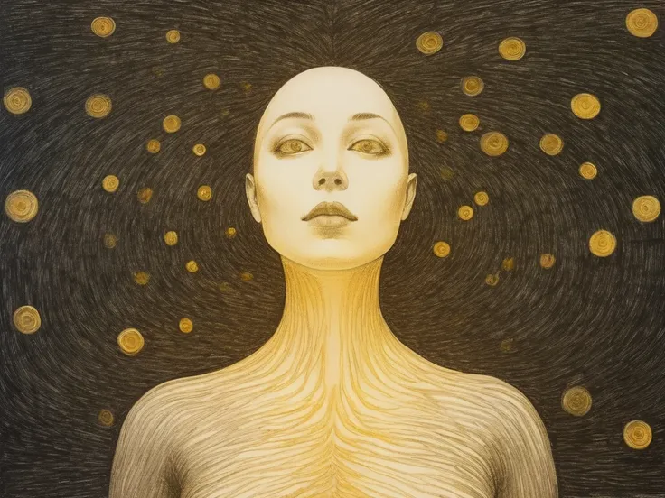 "A visualization of deep breathing as a transformative tool: a close-up of a figures chest and face. Each exhalation releases golden spirals of light, which expand outward into a vast, star-filled expanse. The surrounding scene is calm and otherworldly, wi...