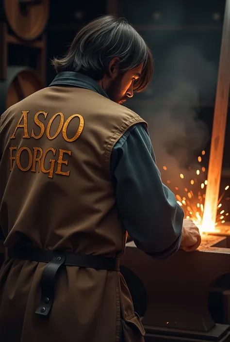 a man He has black hair, brown eyes and a black beard. He has medium-long hair. He is wearing a blacksmiths clothes. He is in his forge forging a sword on his anvil. On the back is written: ASOO FORGE