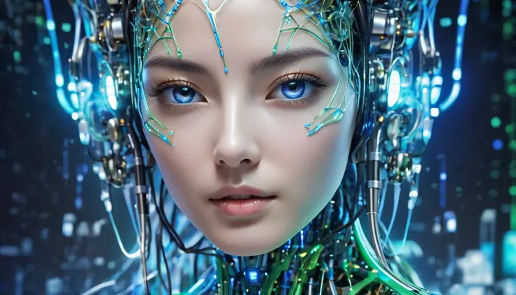 Visual Representation of Artificial Intelligence (AI). This image is、  It has a lattice-like structure with 。 a futuristic humanoid with elements of cybernetics and technology incorporated into the design。.。. Background、  It depicts 、 a neural network that...