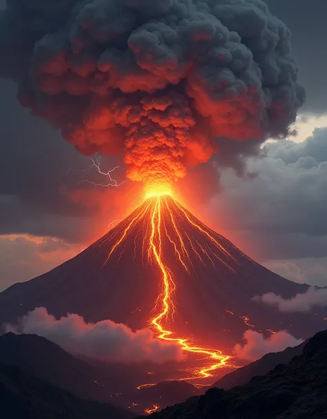 shows a large volcano erupting with a large plume of smoke and lava flowing from the top of the mountain. The sky is filled with dark clouds and lightning bolts can be seen in the background. The volcano appears to be in the process of erupting, as evidenc...