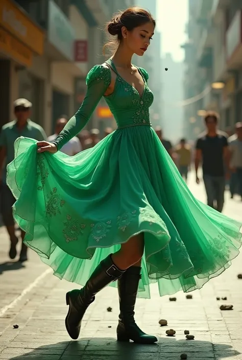 Valet ,  ballerina dress like cachiporritas from El Salvador that the fabric turns green by throwing stones and boots that suit her up to the knee