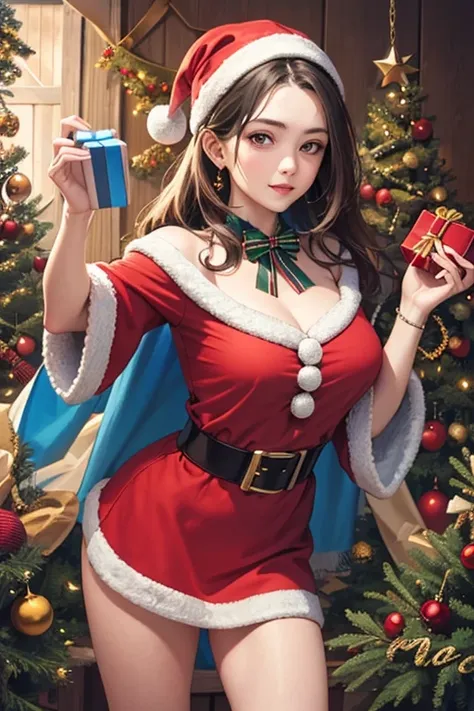 ((best quality)), ((masterpiece)), (detailed), 1girl, female Santa Claus, holding gift box on her hand, looking at viewer, fish eye lense perspective.add details please 