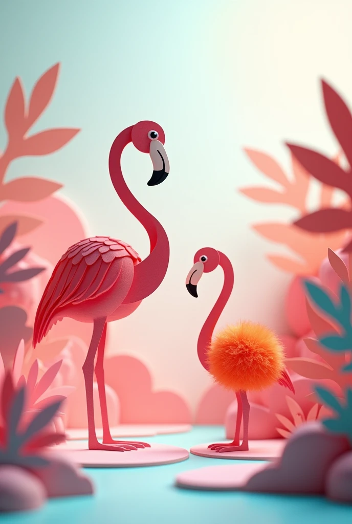 paper cutout　Colorful pastel colors　Flamingo parent and 