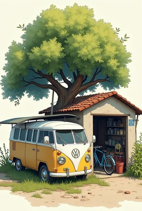 Mechanical workshop, una combi blanca y el taller tiene un árbol 🌳 con pequeñas flores, There is grass and tools under some car ,  a small roof on the left hand of the bus and under the roof a blue bicycle,  I want it to be a sketch or painting type  