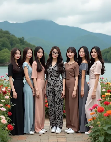 A photo consists of 7 individuals, 7 beautiful Korean women with long hair, and one of them has long hair wearing glasses, wearing a complicated patterned kebaya, black and white, brown and gray, with long pants, white sneakers, with a beautiful scenery ba...