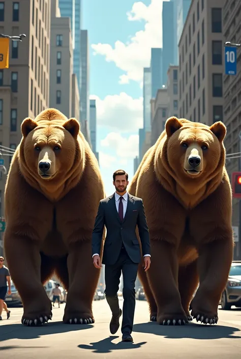 A handsome man walks in the city surrounded by buildings and accompanied by two giant bears