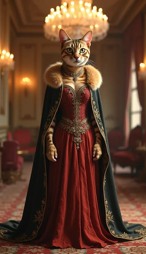 
"A striking Bengal cat wearing a dramatic Victorian evening gown with intricate beadwork and a fur-trimmed cape. The cat stands confidently in a grand ballroom, illuminated by a crystal chandelier."
