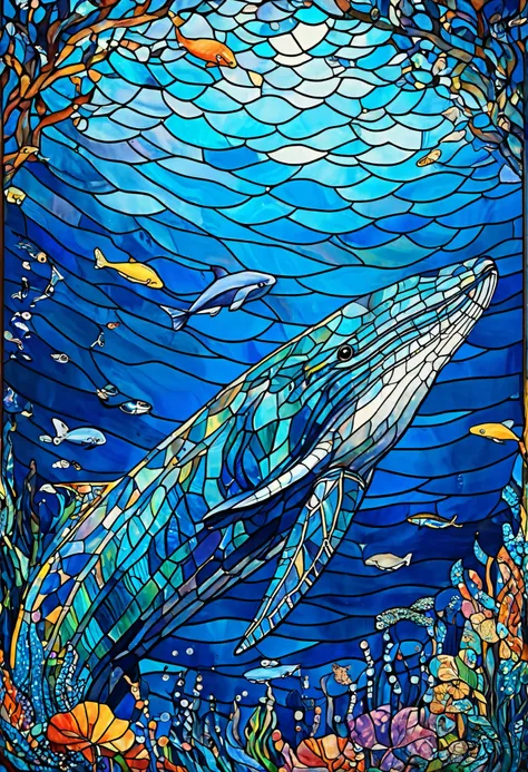 孤独なクジラ in the deep sea painting by numbers,  Stained Glass  art,  on beyond whale , Colorful !!  very detailed,  Extremely Complex and Colorful  ,  Stained Glass !!,  Stained Glass  style,  detailed beautiful animal , Blue Whale op art, ✏️🎨,  Colourful and...